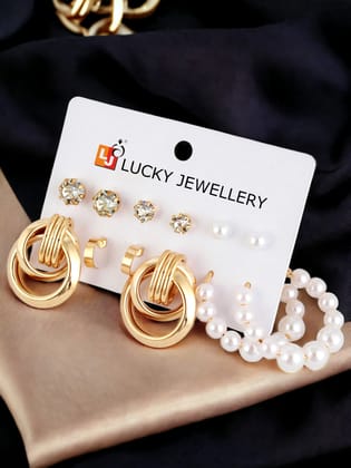 LUCKY JEWELLERY Fashion 6 Pairs Combo Set Of Latest Earrings Celebrity Inspired Stylish Trendy Gold Plated Stone Pearl Stud Tops, Hoops Earing Chain Link Earring for Women & Girls (175-CHEX-1159-6)