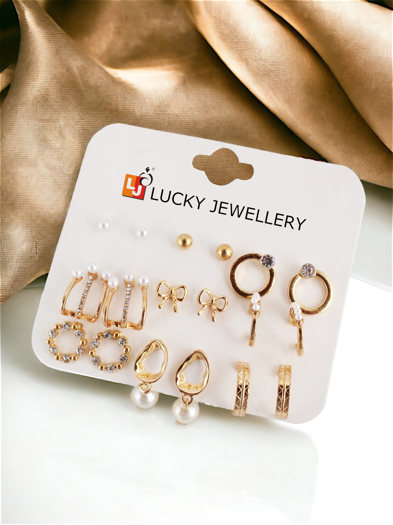 LUCKY JEWELLERY Fashion 9 Pairs Combo Set Of Latest Earrings Celebrity Inspired Stylish Trendy Gold Plated Stud Tops Earing Drop Cuff Earing C Shaped Earring for Women & Girls (195-CHEX-1013-9)