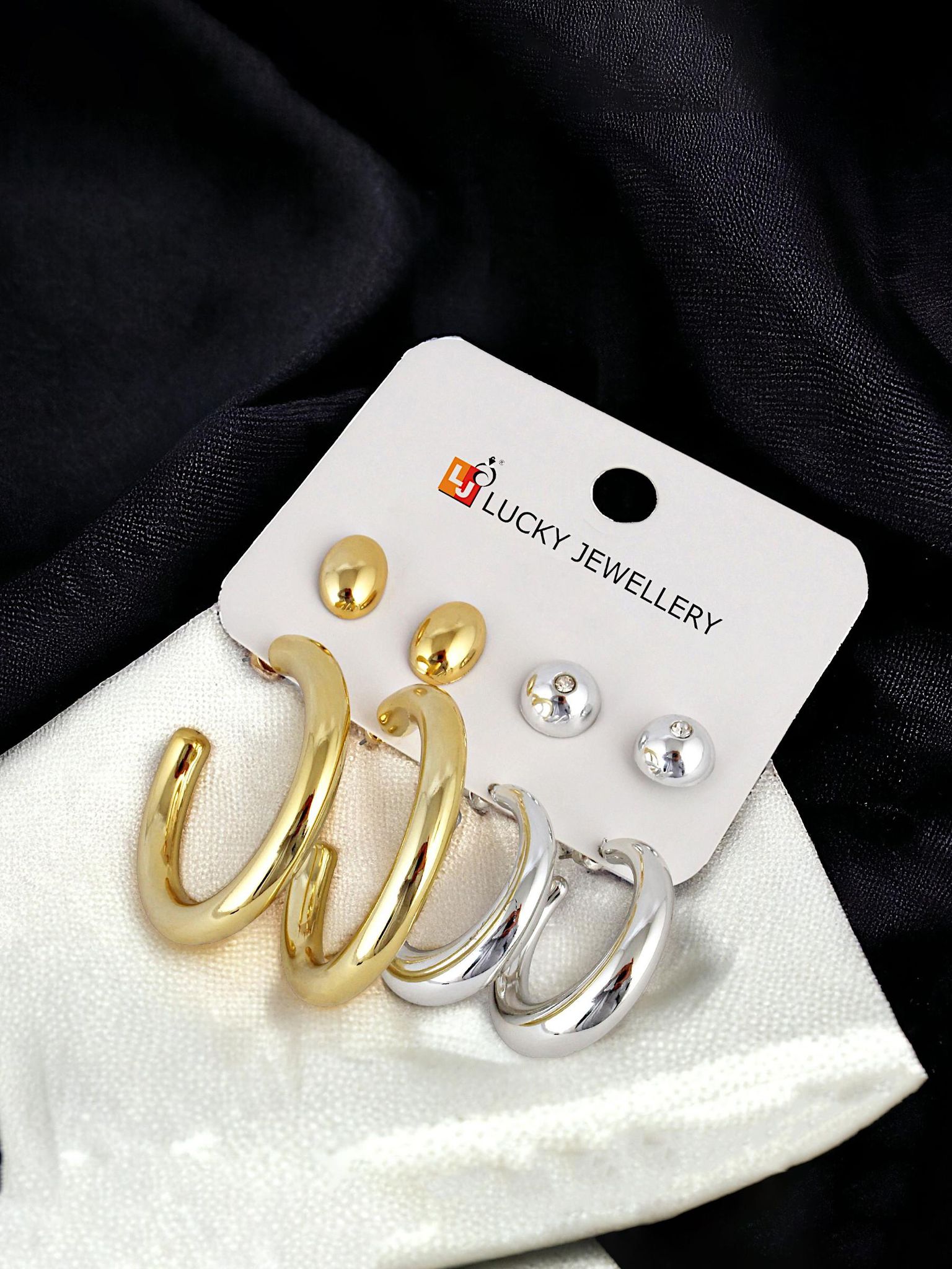 LUCKY JEWELLERY Fashion 4 Pairs Combo Set Of Latest Earrings Celebrity Inspired Stylish Trendy Gold and Silver Plated Stud Tops Earing C Shaped Dangle Hoops Earring for Women & Girls (225-CHEX-1019-4)