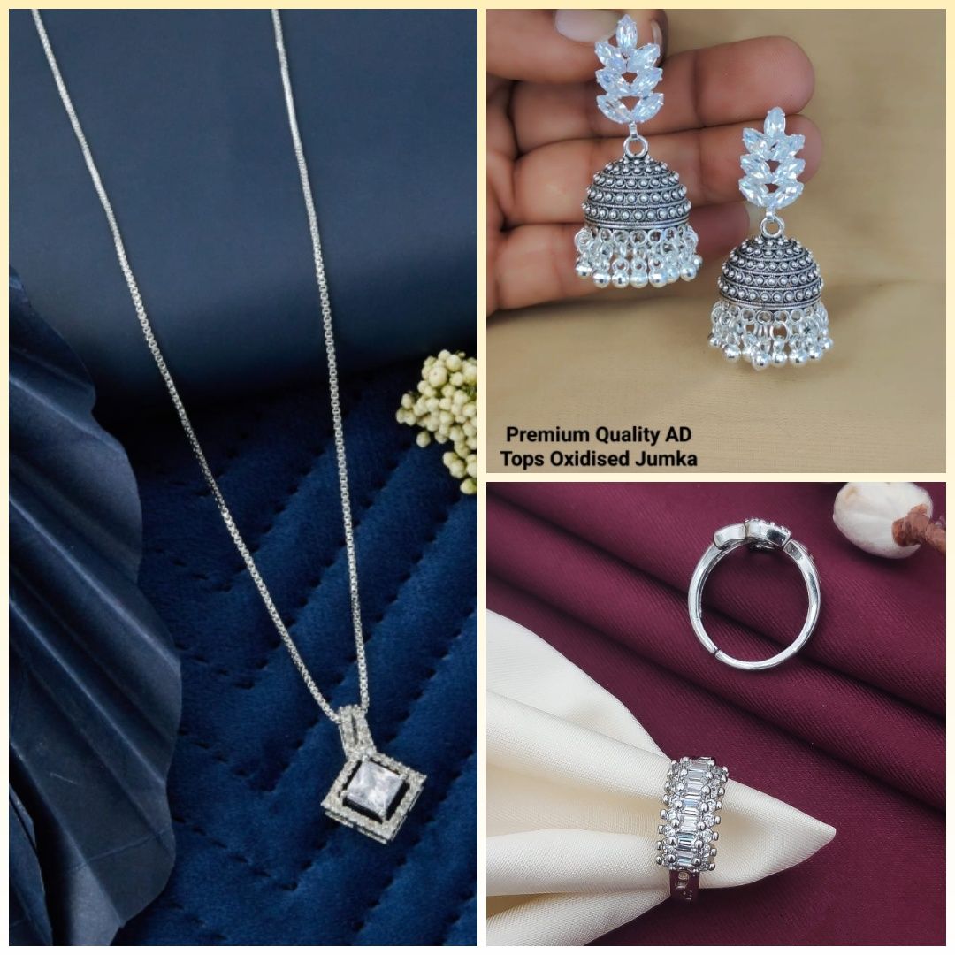 fancy Sliver A.D Chain Pendant For Girls And Women's (3) & Silver Diamond Oxidised Earrings Jhumka (9) & AD Stone Silver Free Size Finger Ring (COMBO PACK OF 2 PIC & 1 PAIRS)