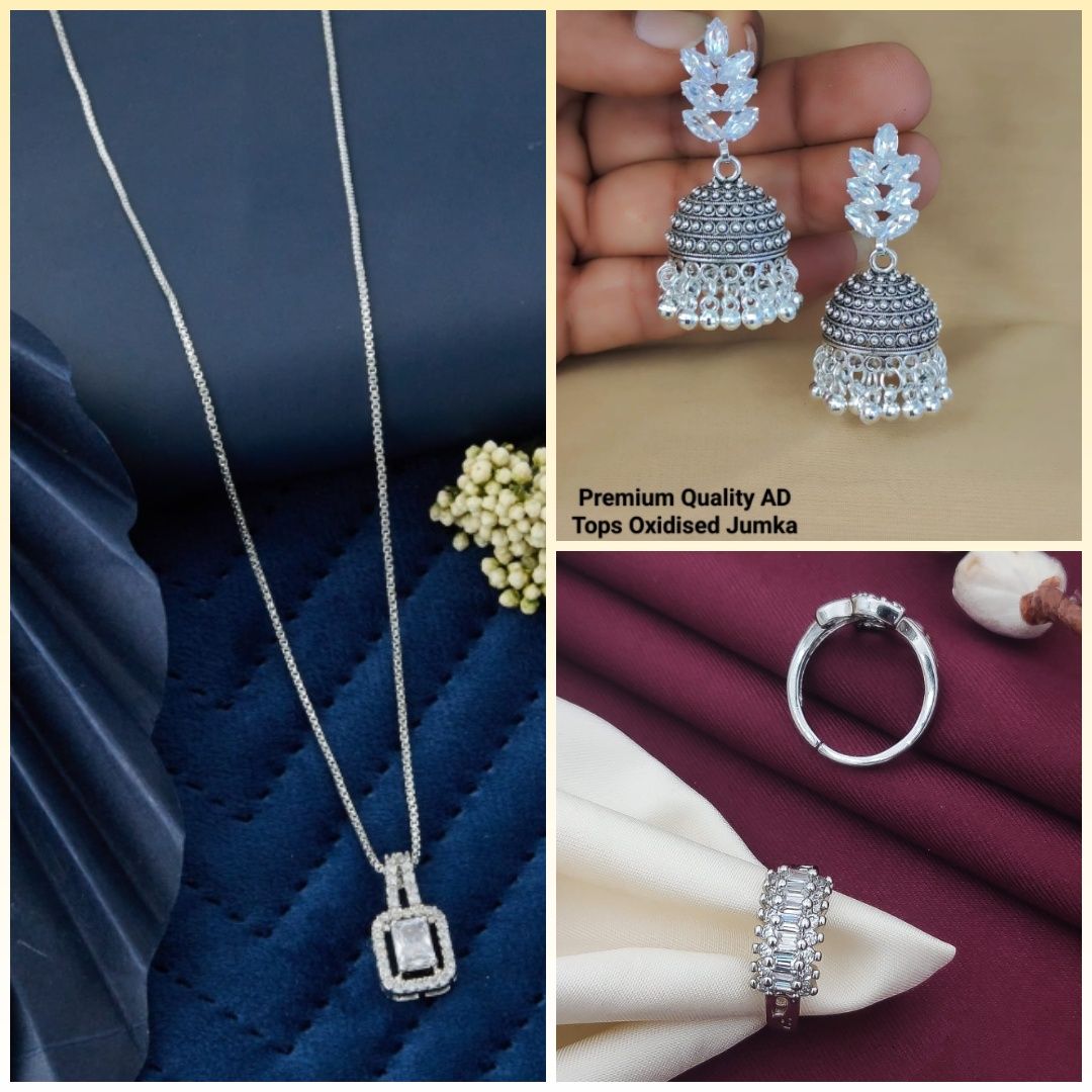 fancy Sliver A.D Chain Pendant For Girls And Women's (4) & Silver Diamond Oxidised Earrings Jhumka (9) & AD Stone Silver Free Size Finger Ring (COMBO PACK OF 2 PIC & 1 PAIRS)