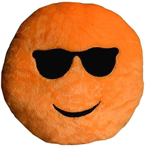 Planet of Toys Smiling Face with Sunglasses Emoji Smiley Emotion Orange Round Cushion Pillow Stuffed Plush Soft Toy - 35 cm (Orange) (Made in India)