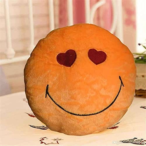 Planet of Toys Smiling Face with Heart Eyes Emoji Smiley Emotion Orange Round Cushion Pillow Stuffed Plush Soft Toy - 35 cm (Orange) (Made in India)