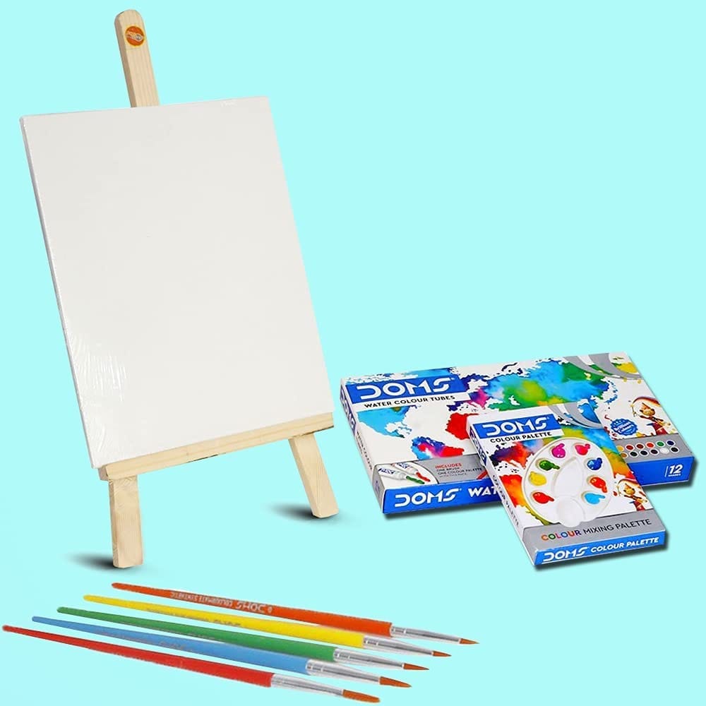 Planet of Toys Painting Set For Kids 6-12 Years Boys&Girls|Canvas Painting Kit For Kids With Wooden Easel Painting Stand|Water Color Tube For Painting/ Color Mixing Palette&6 Painting Brushes