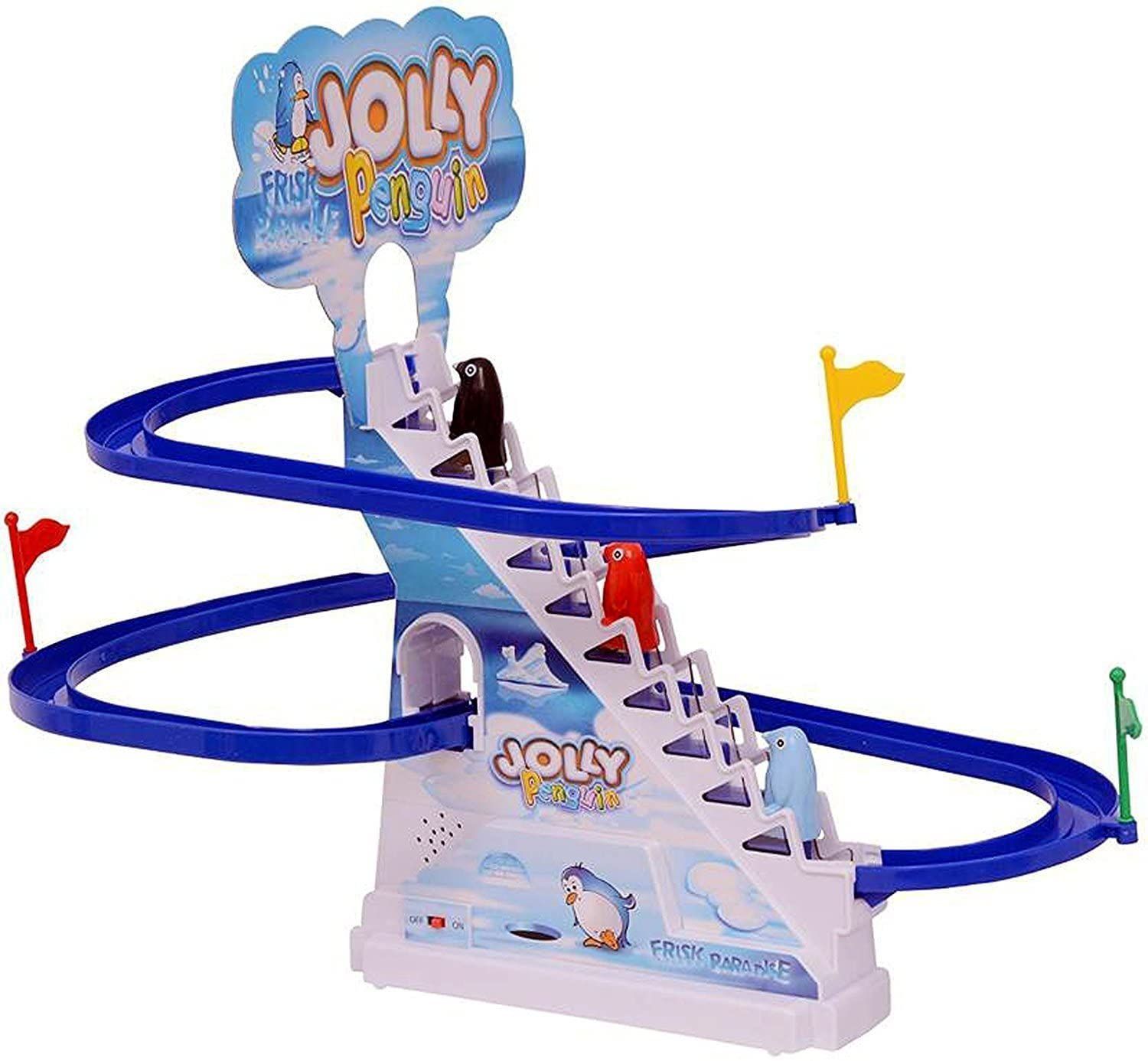 Planet of Toys Jolly Penguin Fun Playful Race Set Upgraded Version with Music On/Off Button for Quiet Play Jolly Penguin Slide Playset Safe & Durable Great Gift for Toddlers & Kids