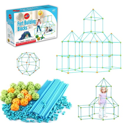 Planet of Toys Fort Building Kit 197 Pieces Construction STEM Toys, Builder with Sticks and Balls for Castle Building, DIY Building Play Tent, Tunnel Indoor & Outdoor Playhouse Educational Toy