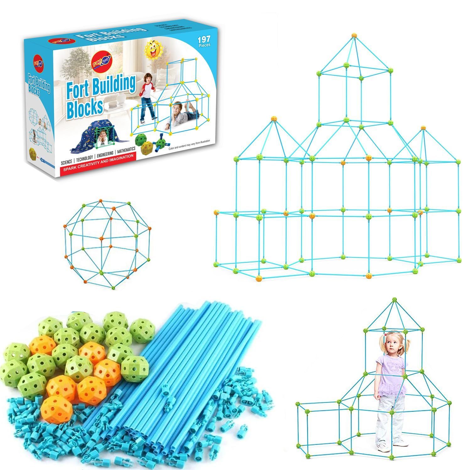 Planet of Toys Fort Building Kit 197 Pieces Construction STEM Toys, Builder with Sticks and Balls for Castle Building, DIY Building Play Tent, Tunnel Indoor & Outdoor Playhouse Educational Toy