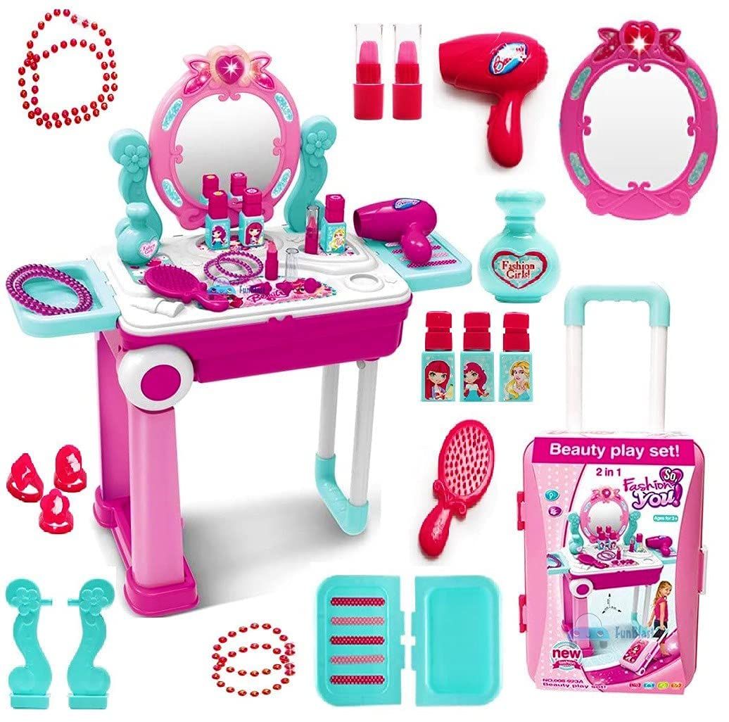 Planet of Toys Beauty Set for Kids Girls Learning Educational Make Up Suitcase Kit with Makeup Accessories Pretend Play Set Portable Suitcase Toy Gift for Girls