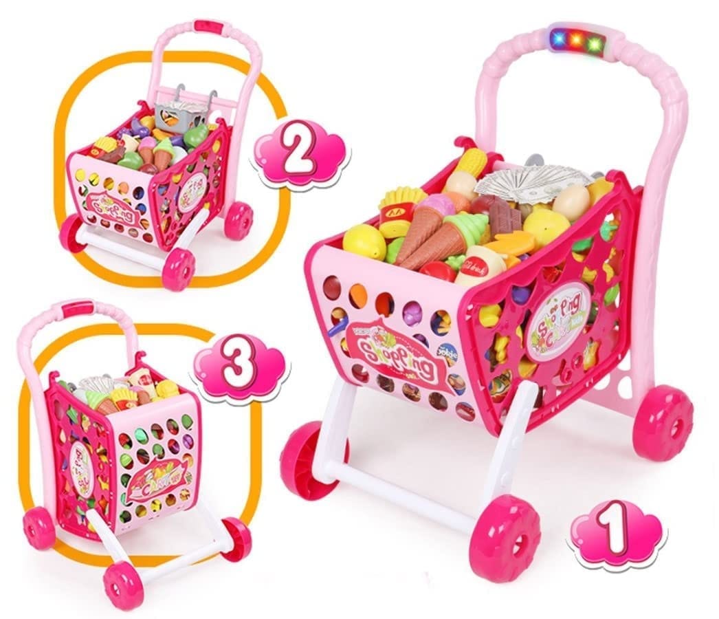 Supermarket Shopping Cart for Kids Hand Induction with Light & Sound Pretend Play Toy for Kid with Fruits & Vegetables - Pink