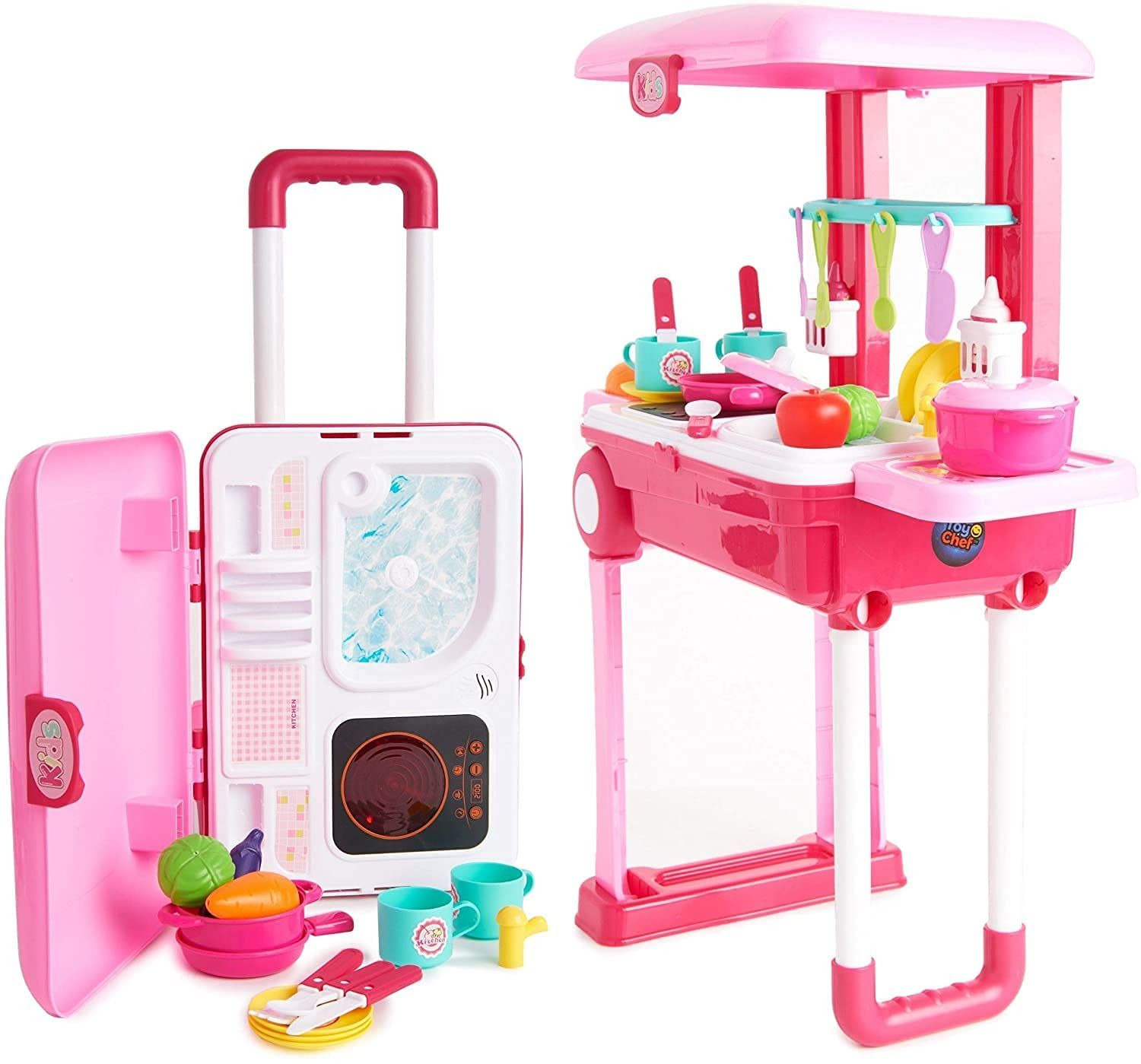 Planet of Toys 2 in 1 Kitchen Playset for Kids | Little Chef Trolley Kitchen Playset for Girls with Music, Light - (Fruit or Vegetable, Food Toys) for 3+ Years Kids