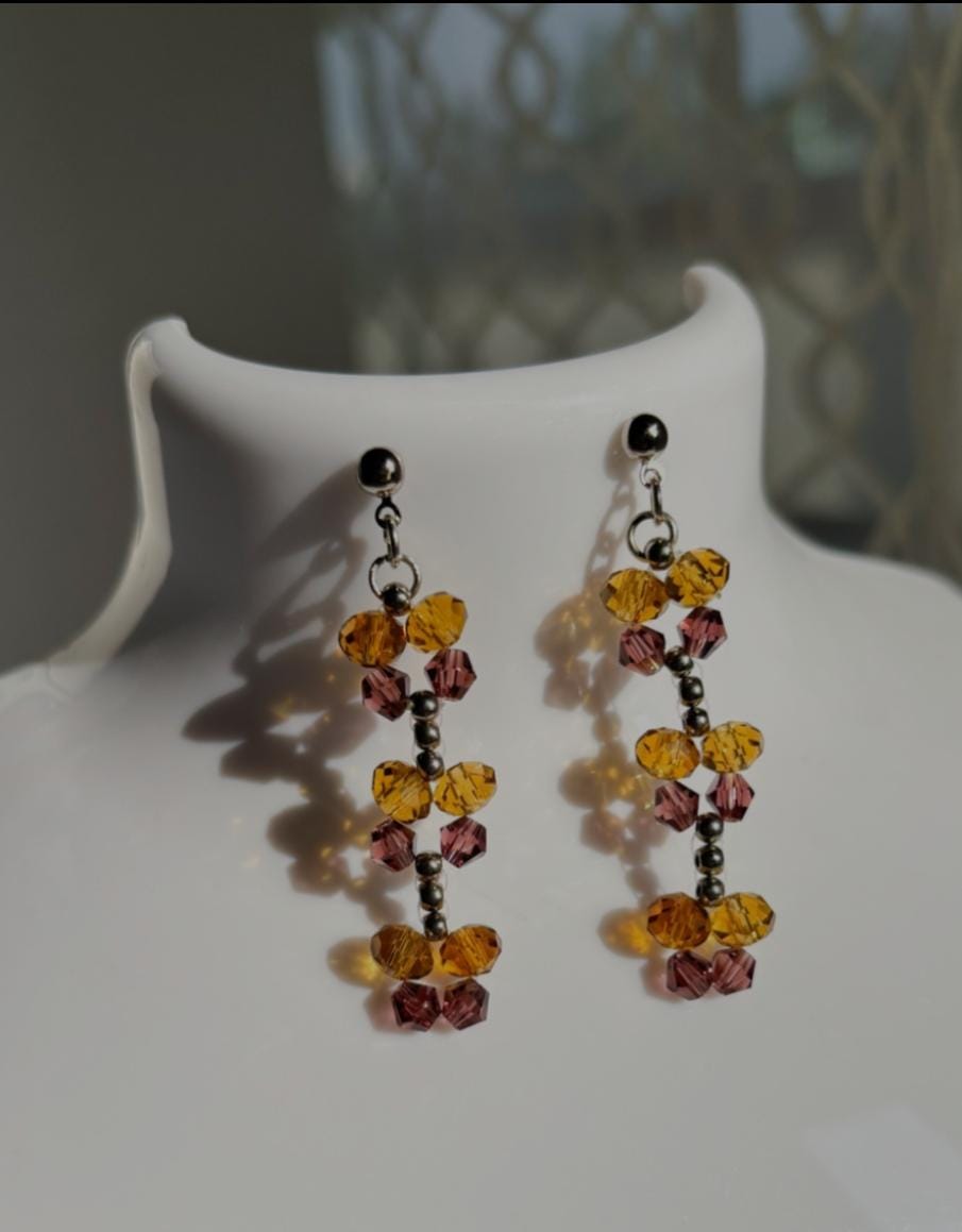 Yellow and Pink Beaded Dangler earrings