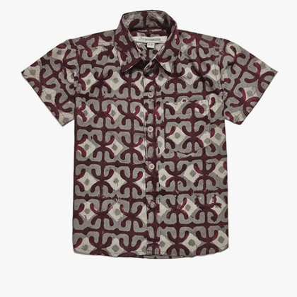 Cottonlush Block Printed Pure Cotton Collared Shirt for Kids | Brown