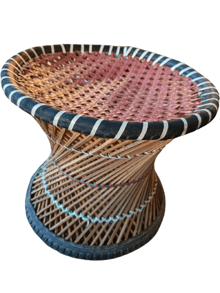 Pure Handmade and Natural Bamboo Mudda Stool with Red and Beige