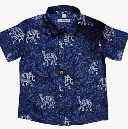 Cottonlush Blue Desert Safari Elephants and Camels printed Pure Cotton Shirt for kids