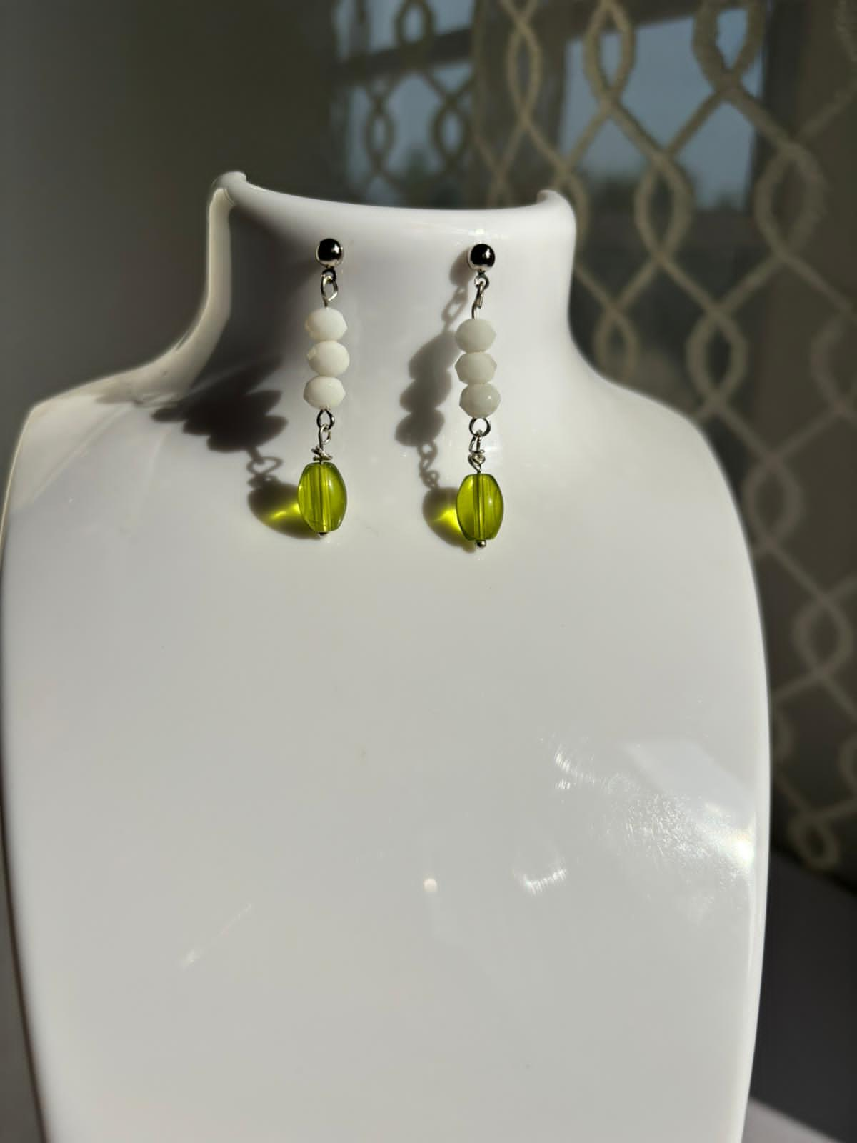 Green and White Beaded Dangler earrings