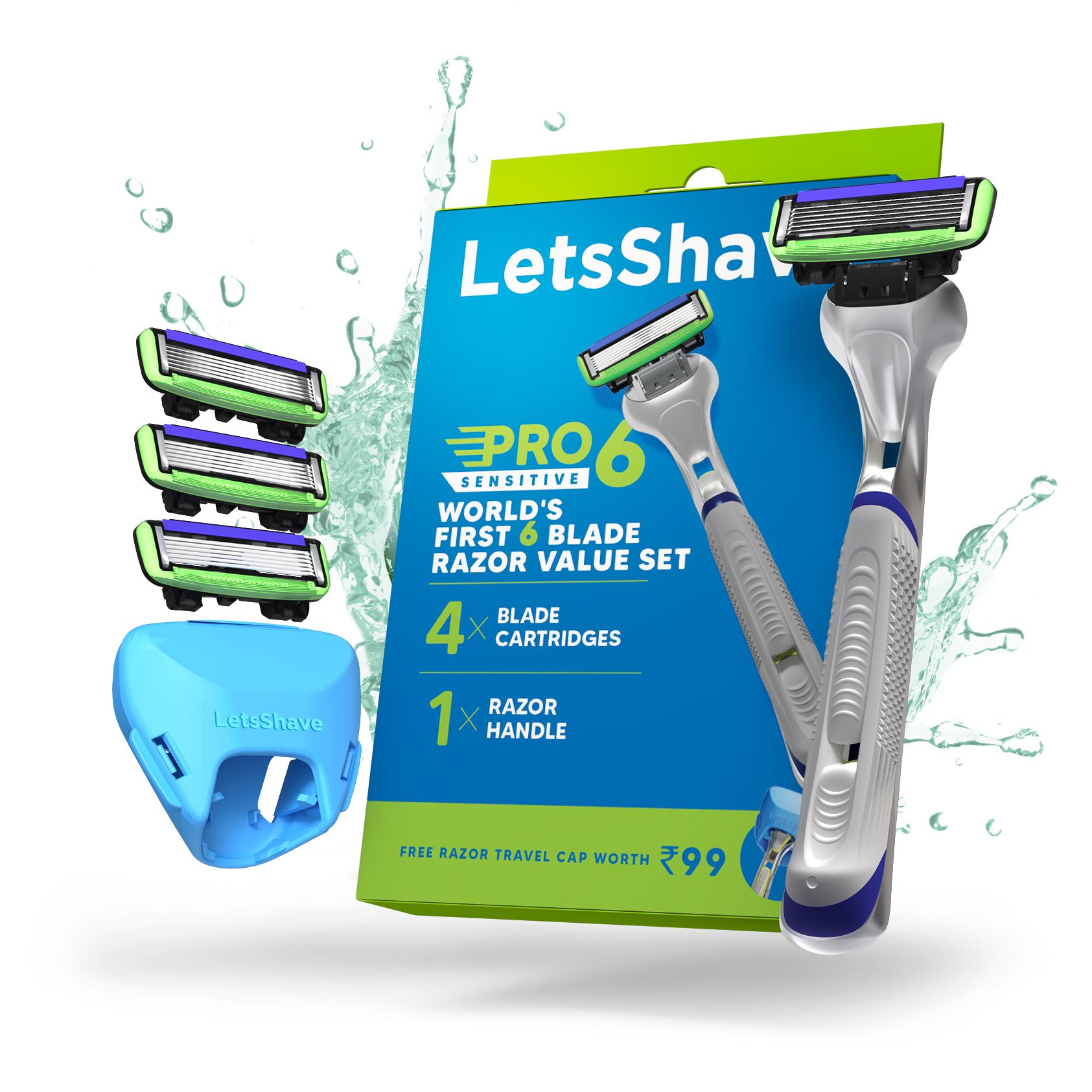 LetsShave Pro 6 Sensitive Face & Body Shaving Razor Value Set World's First 6-Blade Razor for Men Argan Oil & Aloe Vera Infused Moisture Bar Razor + Pack of 4 Blades + Razor Cap