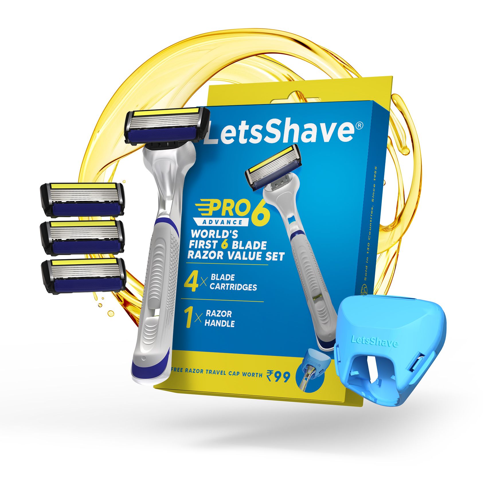 LetsShave Pro 6 Advance Shaving Razor Value Set with 4 Blades 1 Handle + Razor Cap, World's First 6-Blade Razor with Precision Back Blade Argan Oil & Aloe Vera Infused moisturizing strip, Shaving Kit