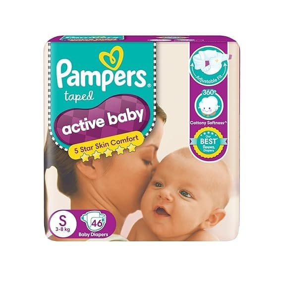 Pampers Active Baby Tape Style Diapers, Small (S) Size, 46 Count, Adjustable Fit with 5 star skin protection, 3-8kg Diapers