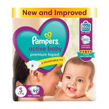 Pampers Active Baby Tape Style Diapers, Small (S) Size, 92 Count, Adjustable Fit with 5 star skin protection, 3-8kg Diapers