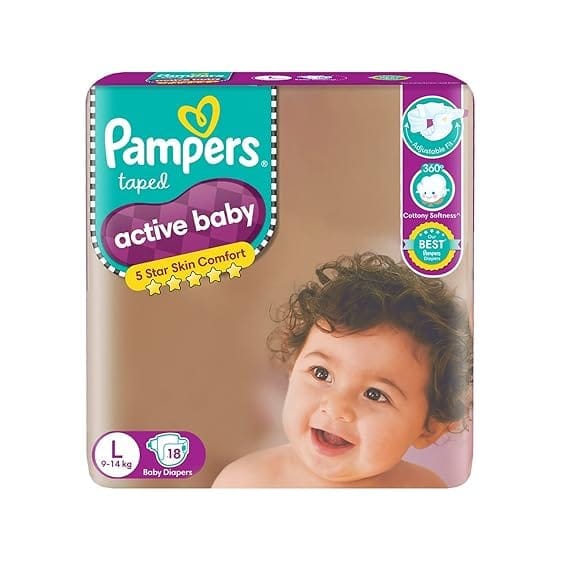 Pampers Active Baby Tape Style Baby Diapers, Large (L), 18 Count, Adjustable Fit with 5 star skin protection, 9-14 Kg Diapers