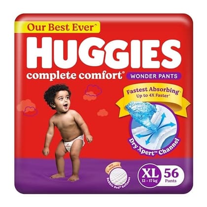 Huggies Complete Comfort Wonder Pants | Pant Style Baby Diapers XL Size, 56 Count | India's Fastest Absorbing Diaper, Patented Dry Xpert Channel, Ideal for 12 to 17 Kgs