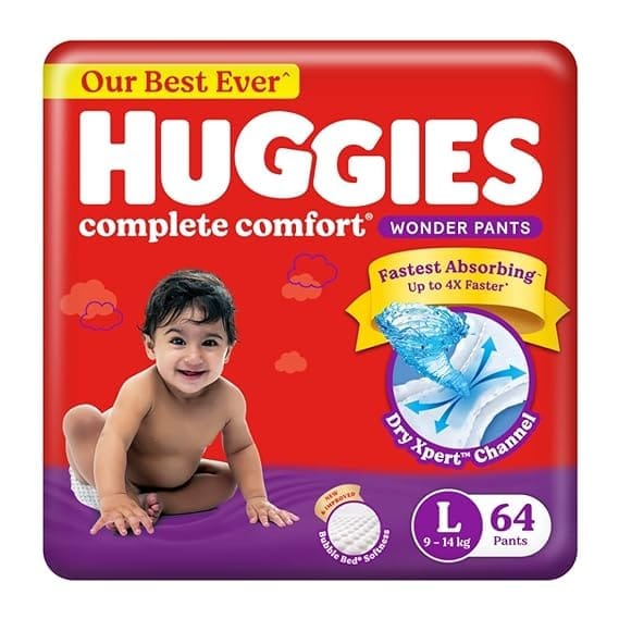 Huggies Complete Comfort Wonder Pants | Pant Style Baby Diapers L Size, 64 Count | India's Fastest Absorbing Diaper, Patented Dry Xpert Channel, Ideal for 9 to 14 Kgs