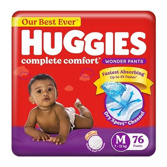 Huggies Complete Comfort Wonder Pants | Pant Style Baby Diapers M Size, 76 Count | India's Fastest Absorbing Diaper, Patented Dry Xpert Channel, Ideal for 7 to 12 Kgs