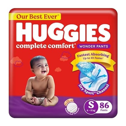 Huggies Complete Comfort Wonder Pants | Pant Style Baby Diapers S Size, 86 Count | India's Fastest Absorbing Diaper, Patented Dry Xpert Channel, Ideal for 4 to 8 Kgs