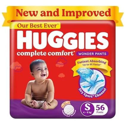 Huggies Complete Comfort Wonder Pants | Pant Style Baby Diapers S Size, 56 Count | India's Fastest Absorbing Diaper, Patented Dry Xpert Channel, Ideal for 4 to 8 Kgs