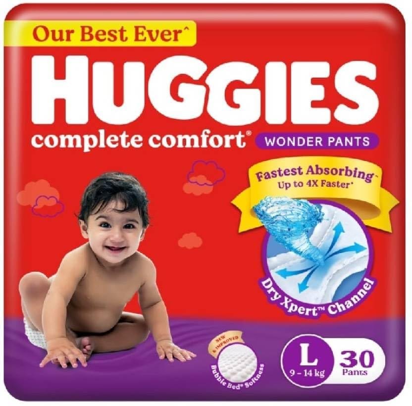 Huggies Complete Comfort Wonder Pants Large (L) Size (9-14 Kgs) Baby Diaper Pants, 30 count| India's Fastest Absorbing Diaper with upto 4x faster absorption | Unique Dry Xpert Channel