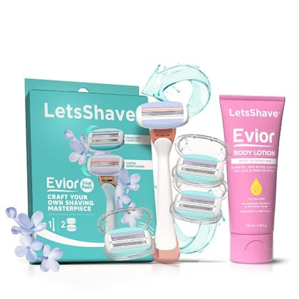 LetsShave Evior Trial Pack | Body Hair Removal Razor Shaving Kit for Women | Wide Head & Open Flow Cartridge | Dual Moisture Bar & Micro Comb Guard Bar | For Arms & Legs | Womens Razor + Evior Body Lotion 100ml