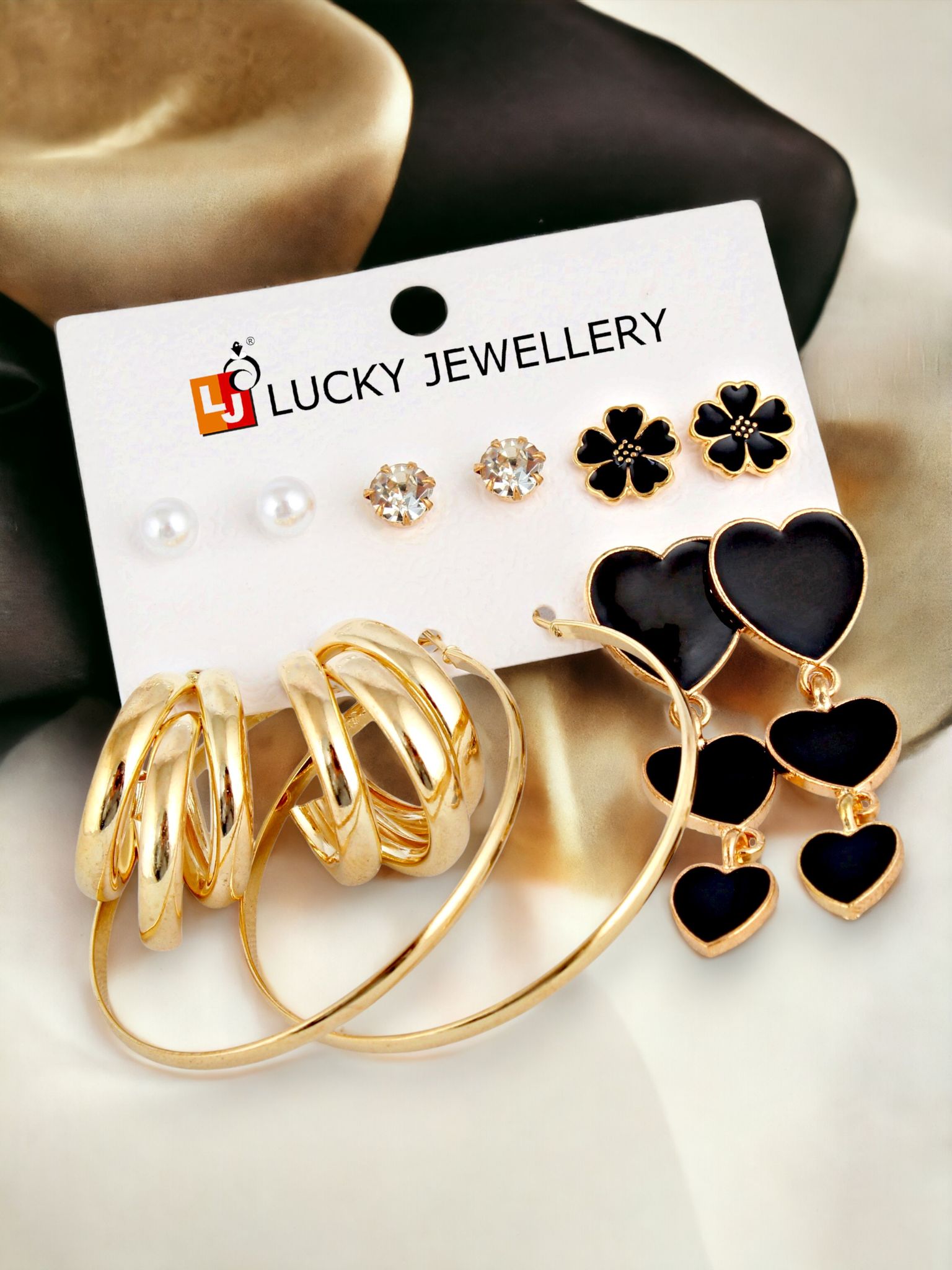 LUCKY JEWELLERY Fashion 6 Pairs Combo Set Of Latest Earrings Celebrity Inspired Stylish Trendy Gold Plated Floral Stud Tops Heart Hanging Earing C Shaped Earring for Women & Girls (270-CHEX-1184-6)