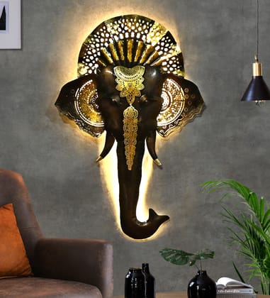 Indraj Premium Craft Antique Finish Metal Elephant Face With LED Lights Wall Art Decor for Living Room, Bedroom, Dining Room or Office | Ganesha Face for Pooja Room | Home Wall Decoration 25 In Height