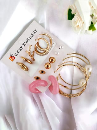 LUCKY JEWELLERY Fashion 9 Pairs Combo Set Of Latest Earrings Celebrity Inspired Stylish Trendy Gold Plated Stud Tops, Hoop Earing C Shaped Earring Geometric Hoops for Women & Girls (312-CHEX-1186-9)