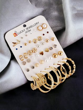 LUCKY JEWELLERY Fashion 24 Pairs Combo Set Of Latest Earrings Celebrity Inspired Stylish Trendy Gold Plated Studs Floral Tops Hoops Earing C Shaped Earring for Women & Girls (360-CHEX-1187-24)