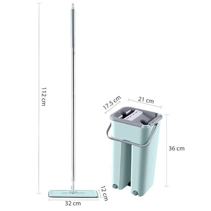 STELLIX Mop with Bucket for Floor Cleaning|Flat Mop with Telescopic Stick for Cleaning Floor|Wet & Dry Cleaning Operation with Self Clean System|Equipped with 2 Microfiber Pad|Small Green