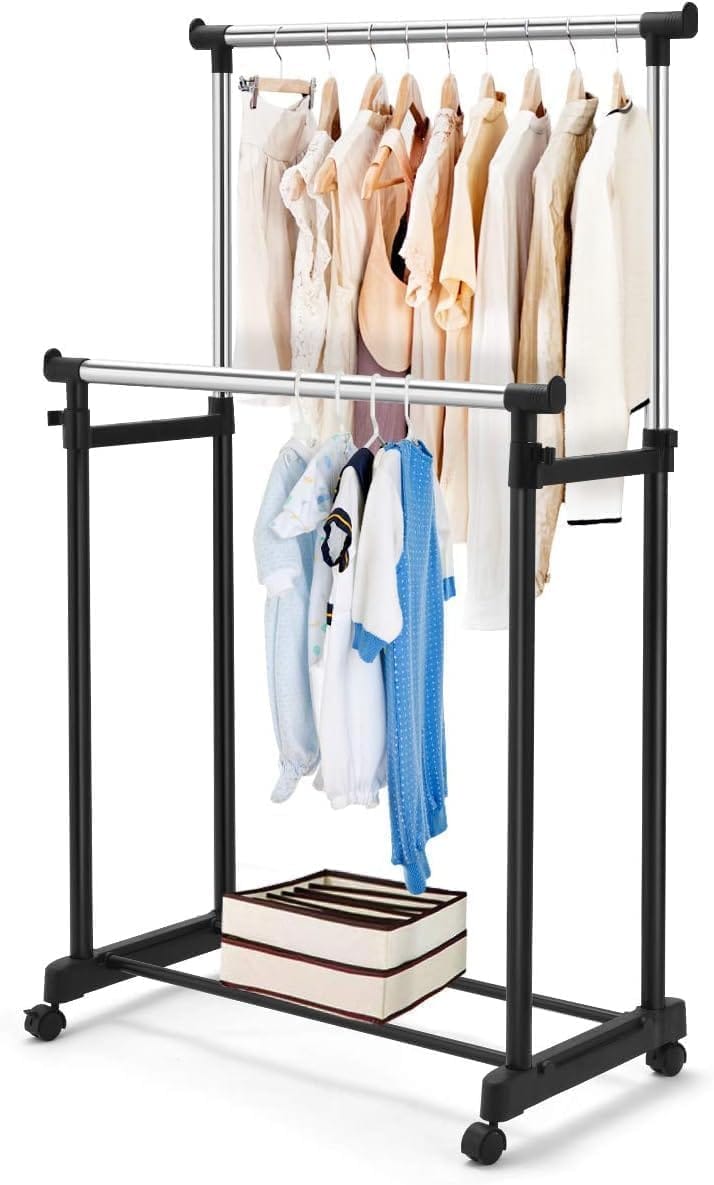 Double Pole Portable Clothing Hanging Garment Rack Laundry Drying Hanger