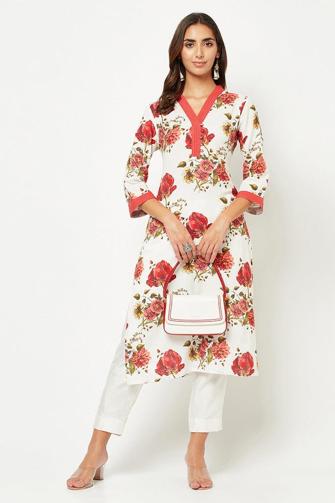 Red And White Floral Kurta