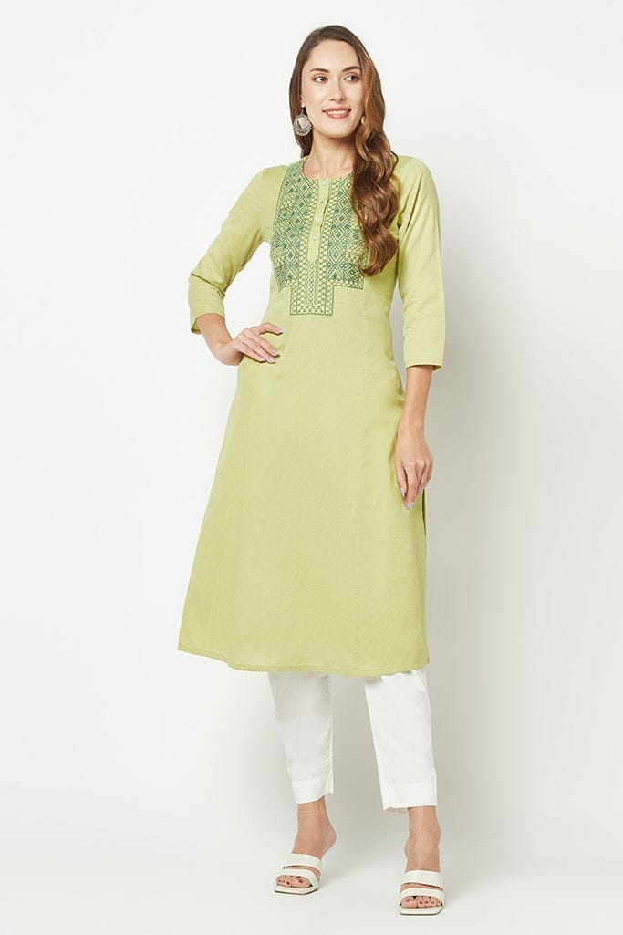 Green Embroidered Straight Kurta