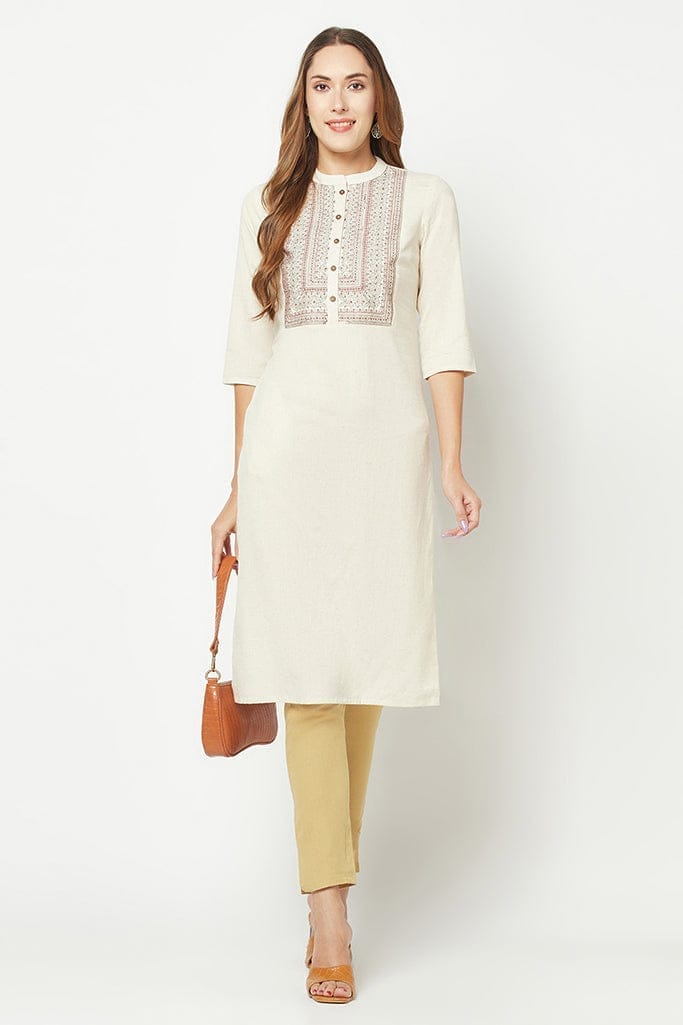 Cream Yoke Embroidered Straight Kurta