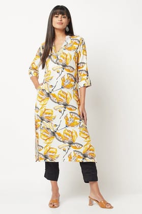 Yellow Floral Print Straight Kurta