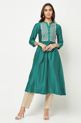 Teal Green Embroidered Flared Kurta