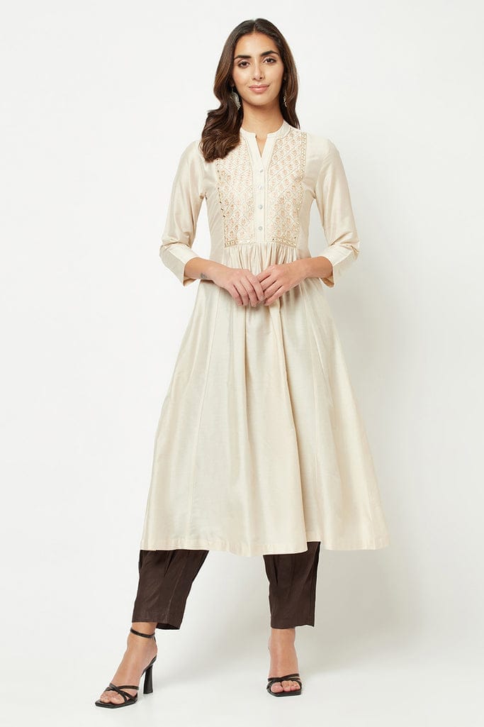 Off White Embroidered Flared Kurta