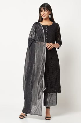 Black Schiffli Kurta Set With Dupatta