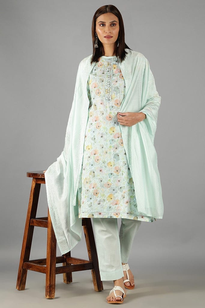 Pastel Blue Floral Kurta Set With Dupatta