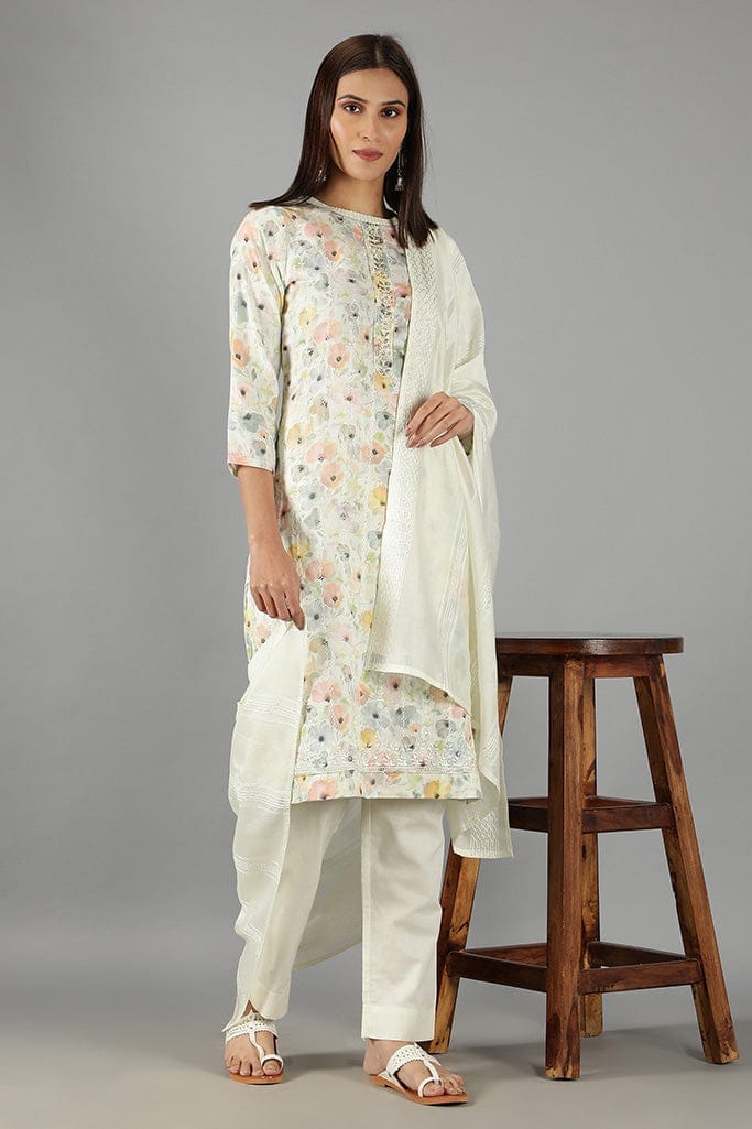 Pastel Yellow Floral Kurta Set With Dupatta