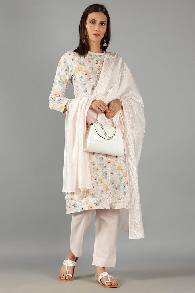 Pastel Pink Floral Kurta Set With Dupatta