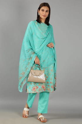 Teal Green Straight Fit Printed Kurta Set With Dupatta