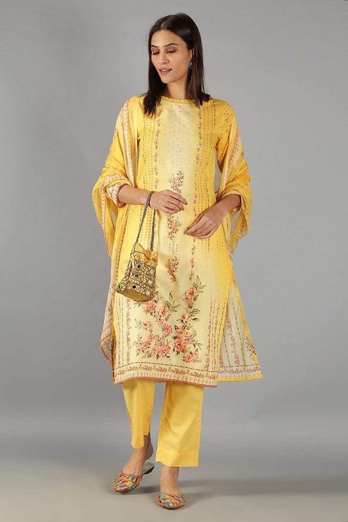 Yellow straight fit printed Kurta set with Dupatta