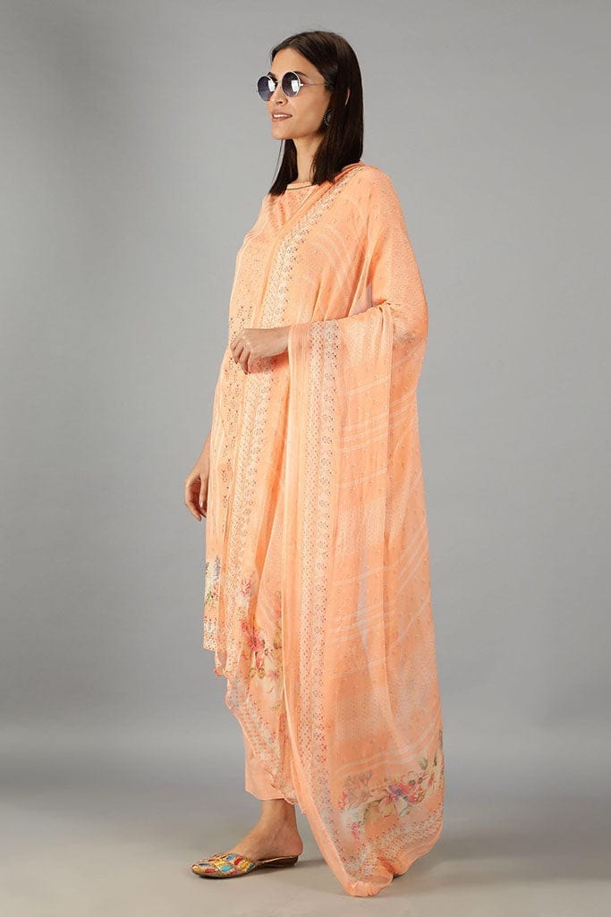 Peach straight fit printed Kurta set with Dupatta